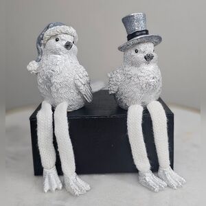 Cracker‎ Barrel Set of two Silver & White Bird Sittters Ceramic Decoration